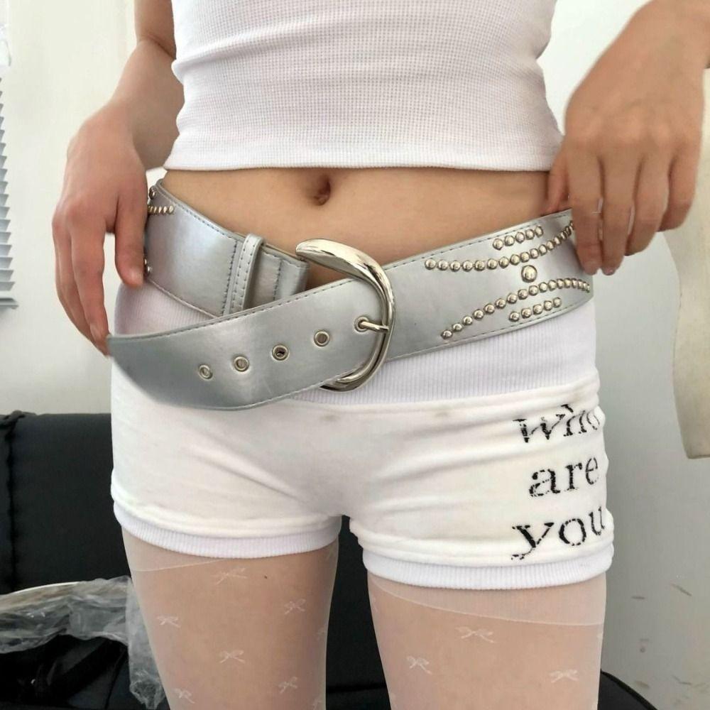 Поясной ремень с серебряными заклепками Y2K из искусственной кожи, повседневные джинсы с широким ремнем