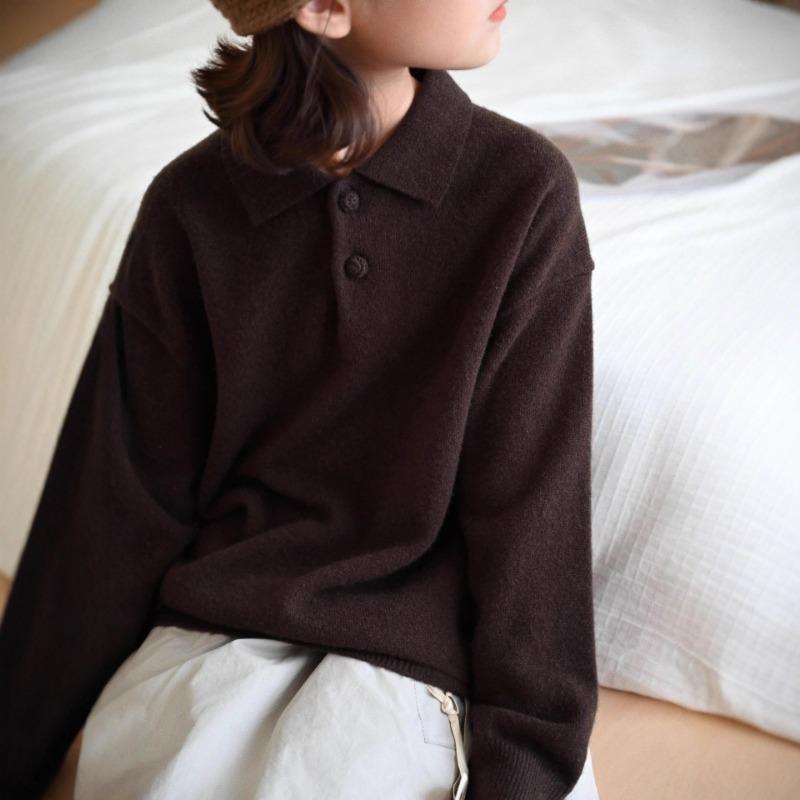 Унисекс детский пуловер-свитер с воротником-поло, длинным рукавом, однотонный