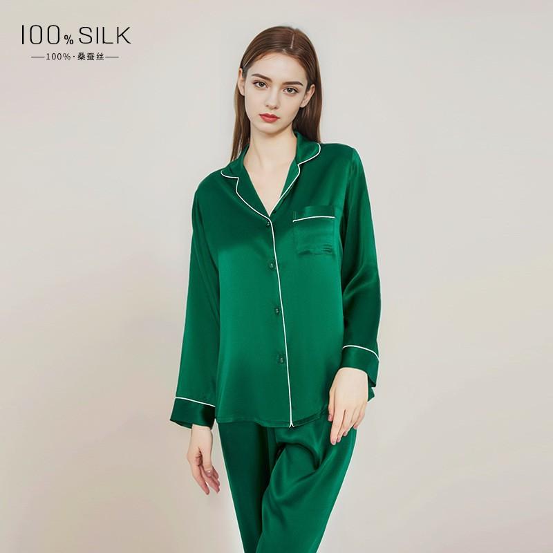 Womens 100% Pure Silk Pajama Set Long Sleeve Pants Lightweight Sleepwear Home Loungewear Fall Winter