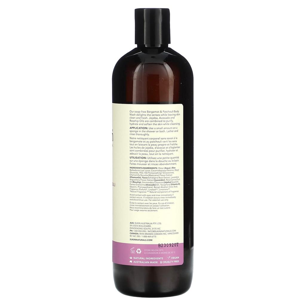 SUKIN Botanical Body Wash, Bergamot & Patchouli, 500 Ml (16.9 Oz)