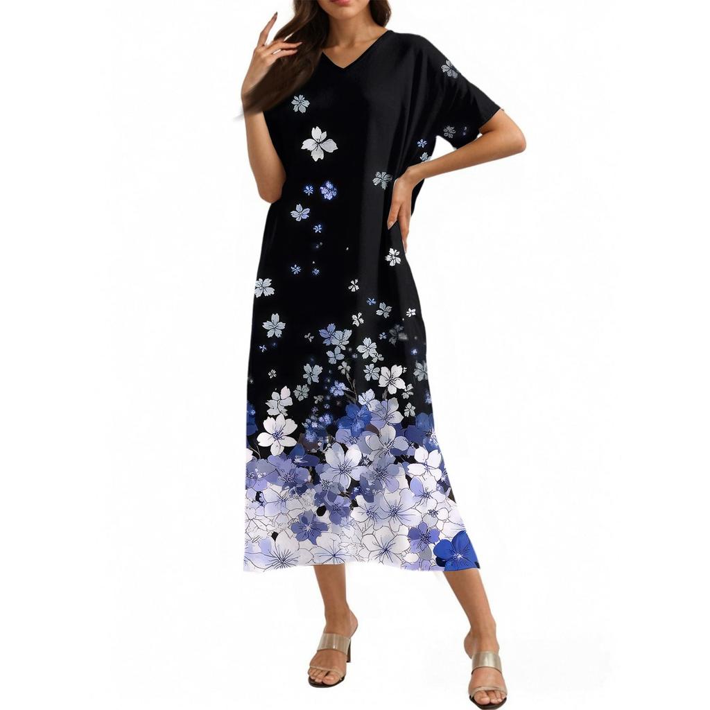 Модное женское летнее пляжное платье с V-образным вырезом и коротким рукавом из хлопка и льна с винтажным цветочным принтом