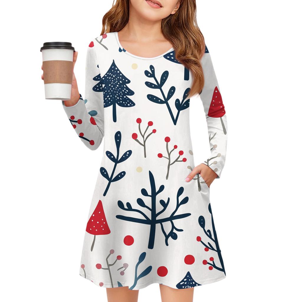Christmas Day Girls' Long Sleeve Dress - Color Pocket Dress
