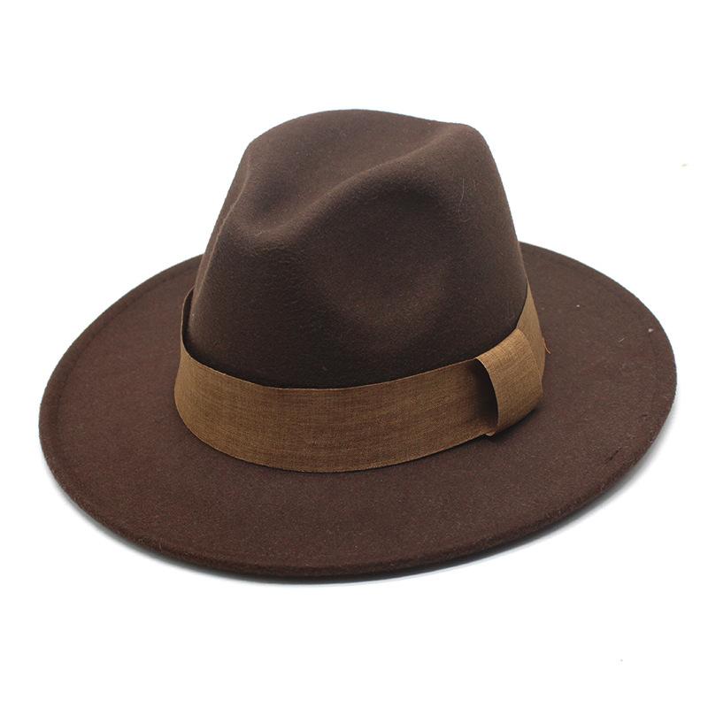 Модный блогер в коричневой шерстяной шляпе Jazz Hat Vintage Big Brim Felt Top Hat