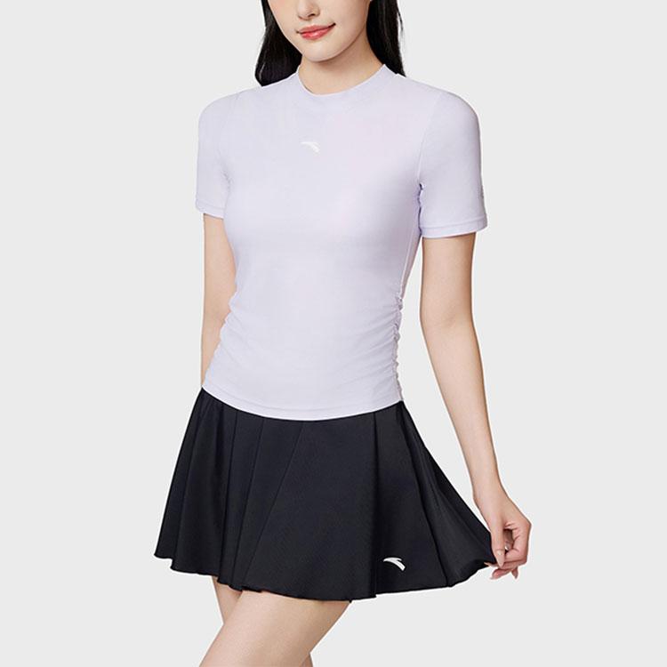 Anta Solid Color Round Neck Pullover Short Sleeve Pleated Skirt Two-Piece Swimsuit Women Swimsuit Light-Purple Basic-Black 1824532485-1