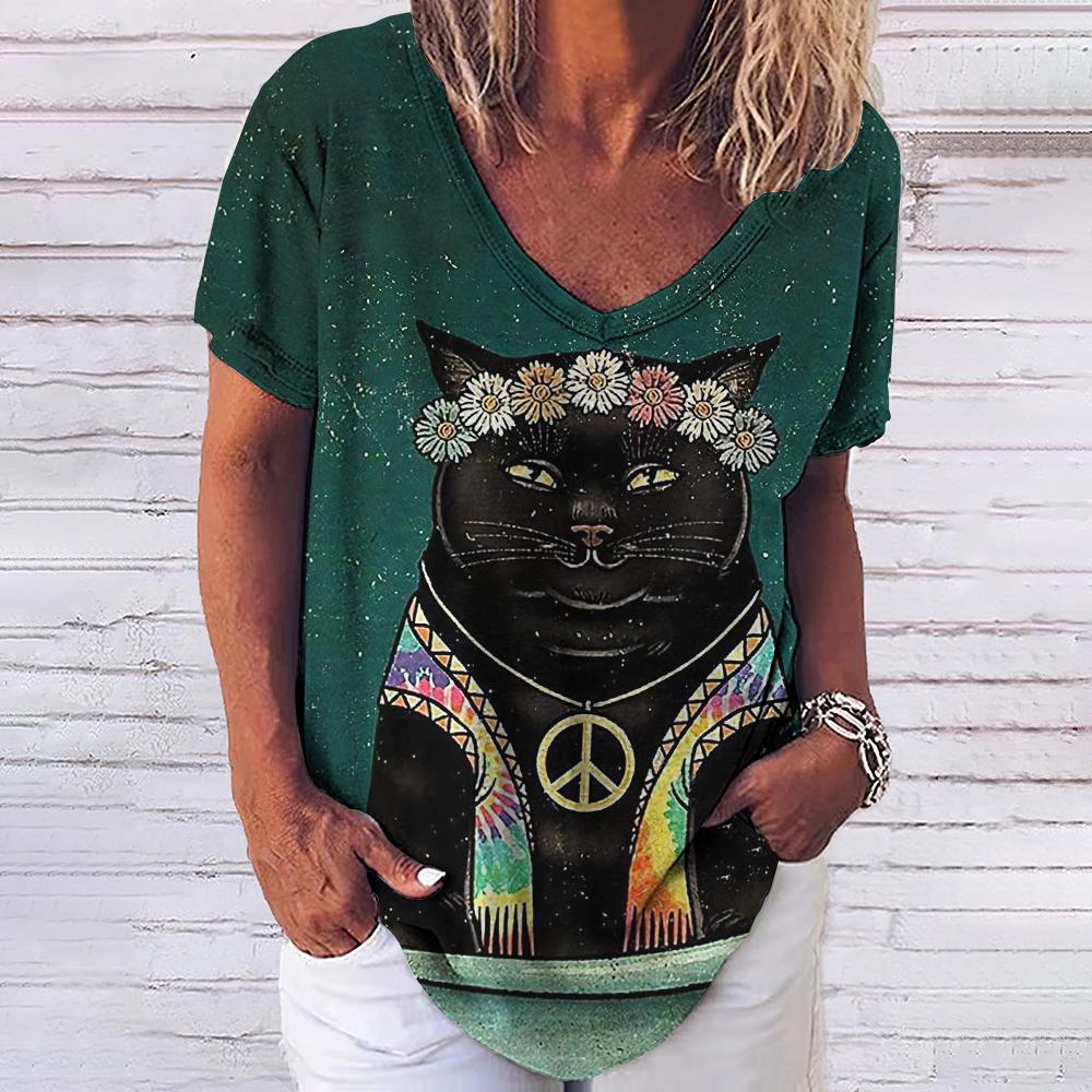 Женская футболка с 3d модным принтом кота, v-образным вырезом и коротким рукавом, базовые топы, уличная одежда, летняя повседневная женская одежда больших размеров, 5XL