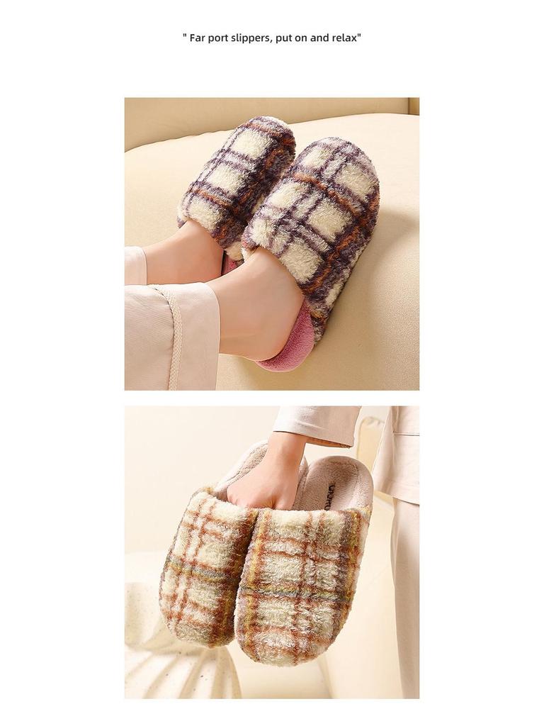 Thickened Autumn/Winter Plaid Stripe Cotton Slippers - Comfortable Unisex Homewear