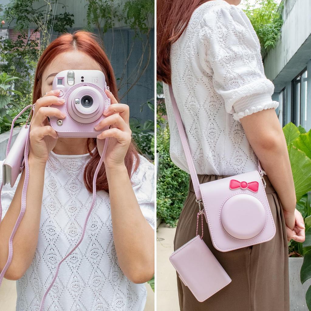 HIYQIN Cheki Case instax mini 12 Fujifilm Cheki 12 Case and 28 Photo Album Set Cheki mini 12 Camera Case with Shoulder Strap PU Leather Pink "Cute