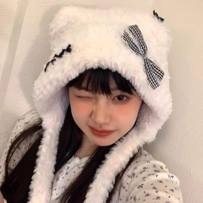 Зимняя шапка плюс флисовая теплая шапка с милым плюшевым медведем и ушами трехцветная шапка для девочек