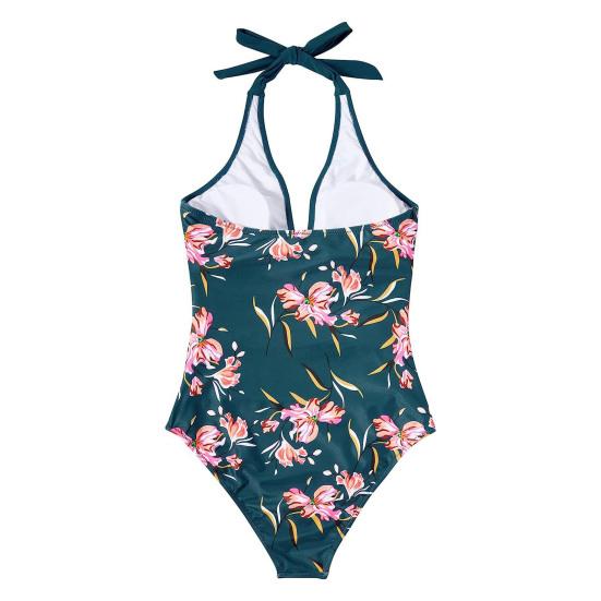 Women Sexy Monokini Halter Sleeveless One Piece Swimsuit Patchwork Color Backless Tummy Control High Waisted Bathing Suit
