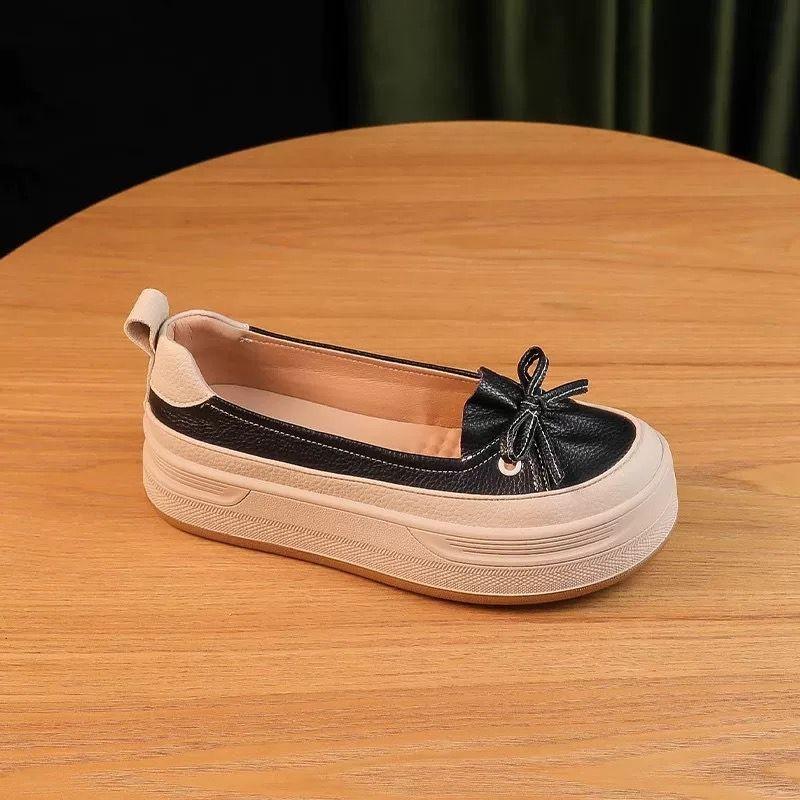 Мода 2024 Весна и осень Новые модные туфли с круглым носком и бантом из кожи с цветным блоком на толстой подошве для женщин