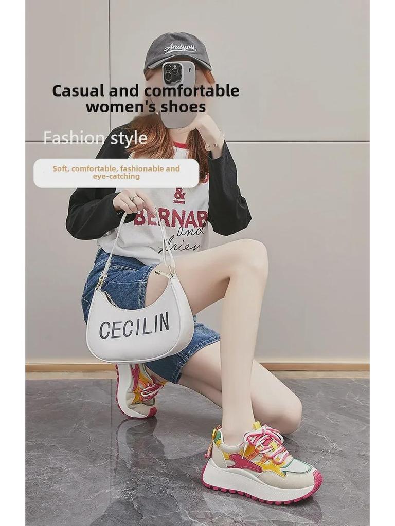 Корейские новые папины туфли для женщин, осень 2024 г., студенческие беговые и повседневные туфли, толстая подошва, увеличивающие рост, модель BN016-1