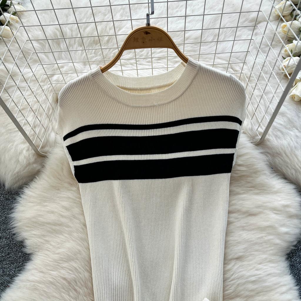 Летний женский повседневный полосатый трикотажный свитер, комплект из двух предметов, безрукавный пуловер и широкие брюки