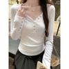 White Right Shoulder V-neck Long-sleeved T-shirt for Women Early Autumn Korean Style Slim Waist and Buttoned Design Short Top
