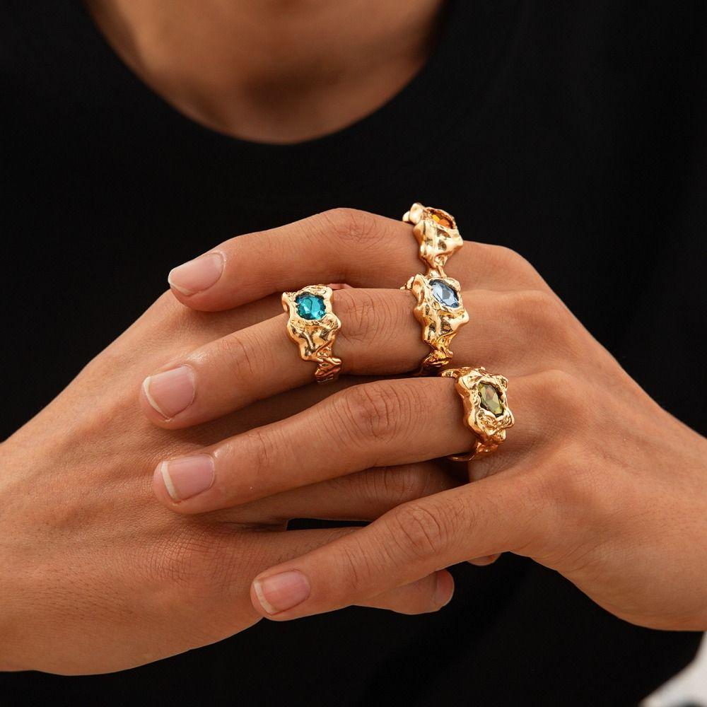 4Pcs Gold Silver Rhinestone Open Ring Irregular Exaggerate Rings Colored Gemstone Rings  Party