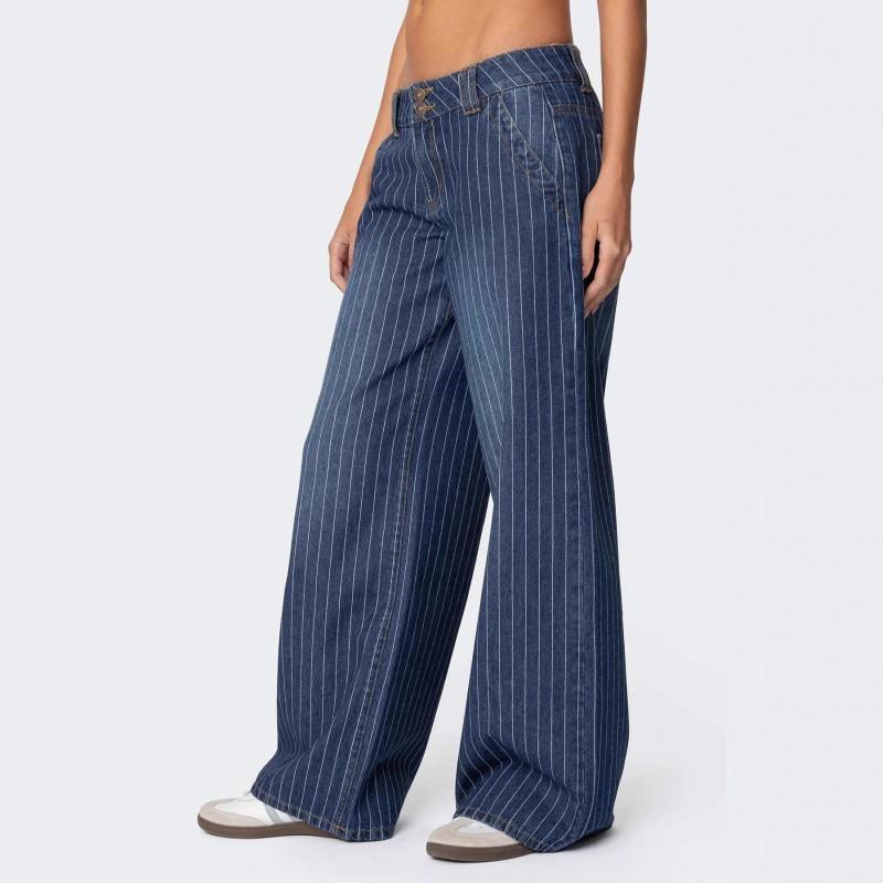 Womens Blue Washed Wide Leg Straight Cut Denim Jeans High Waist Loose Fit Casual Cotton Pant