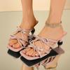 Милые розовые шлепанцы с бантом для женщин 2025 лето квадратный носок лакированная кожа женские сандалии для вечеринки платье на высоком каблуке шлепанцы