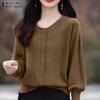 ZANZEA Women Autumn Round Neck Lantern Long Sleeve Cardigans