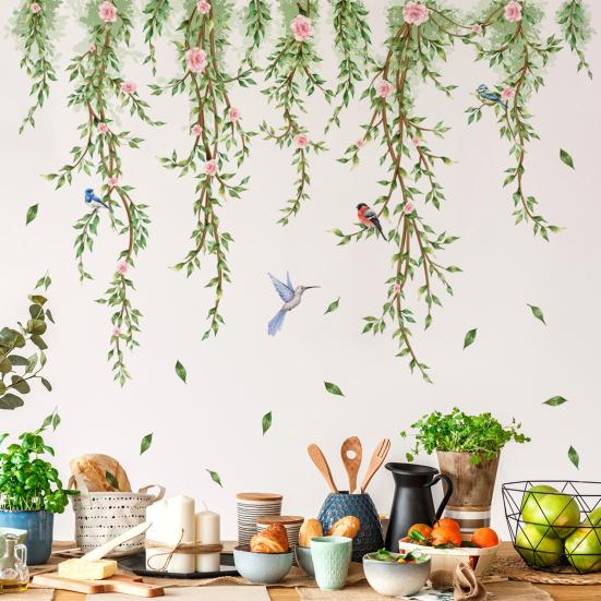 Подвесные наклейки на стену 'Листья ивы' DIY Зеленые вьющиеся растения Наклейка на стену Отклей и приклей Птицы Бабочки Настенное искусство Фреска для фона ТВ Декор стены спальни