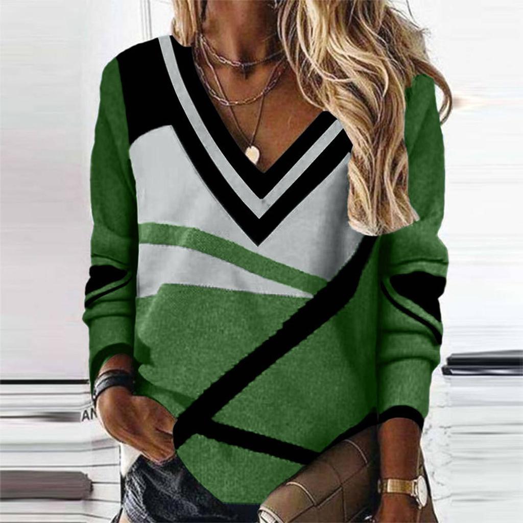 Женская мода, повседневный, темпераментный, новый, с v-образным вырезом, контрастного цвета, с геометрическим принтом, темпераментный, свободный топ с длинными рукавами