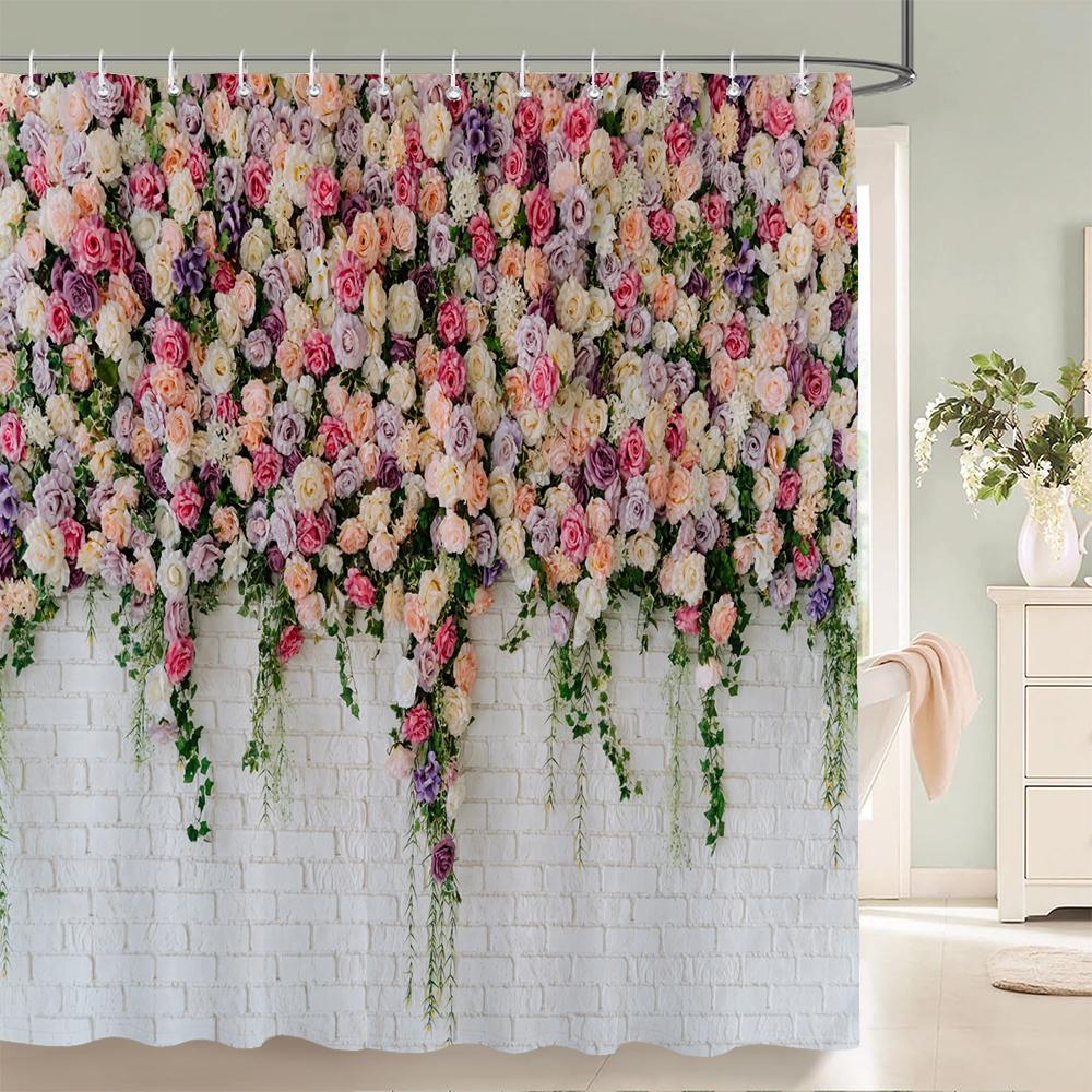 1Pcs Pink flower printing waterproof shower curtain, Rose flowers wall bathroom decorative curtain with plastic hooks