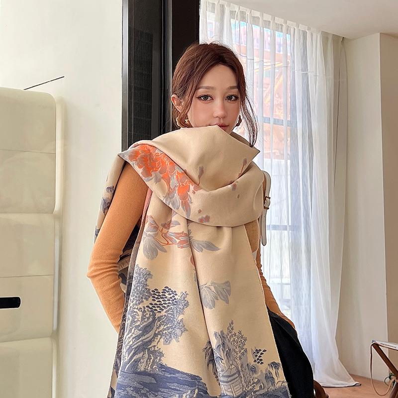 Women's Autumn and Winter Chinese Style Faux Cashmere Thickened Scarf Spring Multifunctional Elegant Warm Scarf