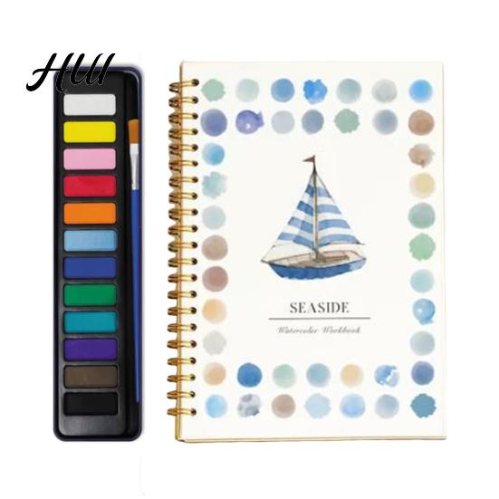 Relaxing Watercolor Painting Book Workbook with 12 Colors Pigment Step-by-Step Animal Flower Painted Coloring Guide Paper for Learning Techniques