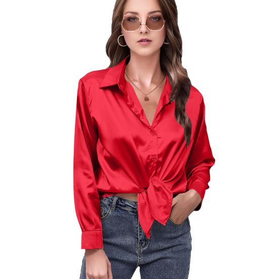 Женская рубашка с лацканами, длинным рукавом, из гладкого атласа, топы, однотонная, свободного кроя, повседневная рубашка, рубашка офисной леди, для повседневной носки