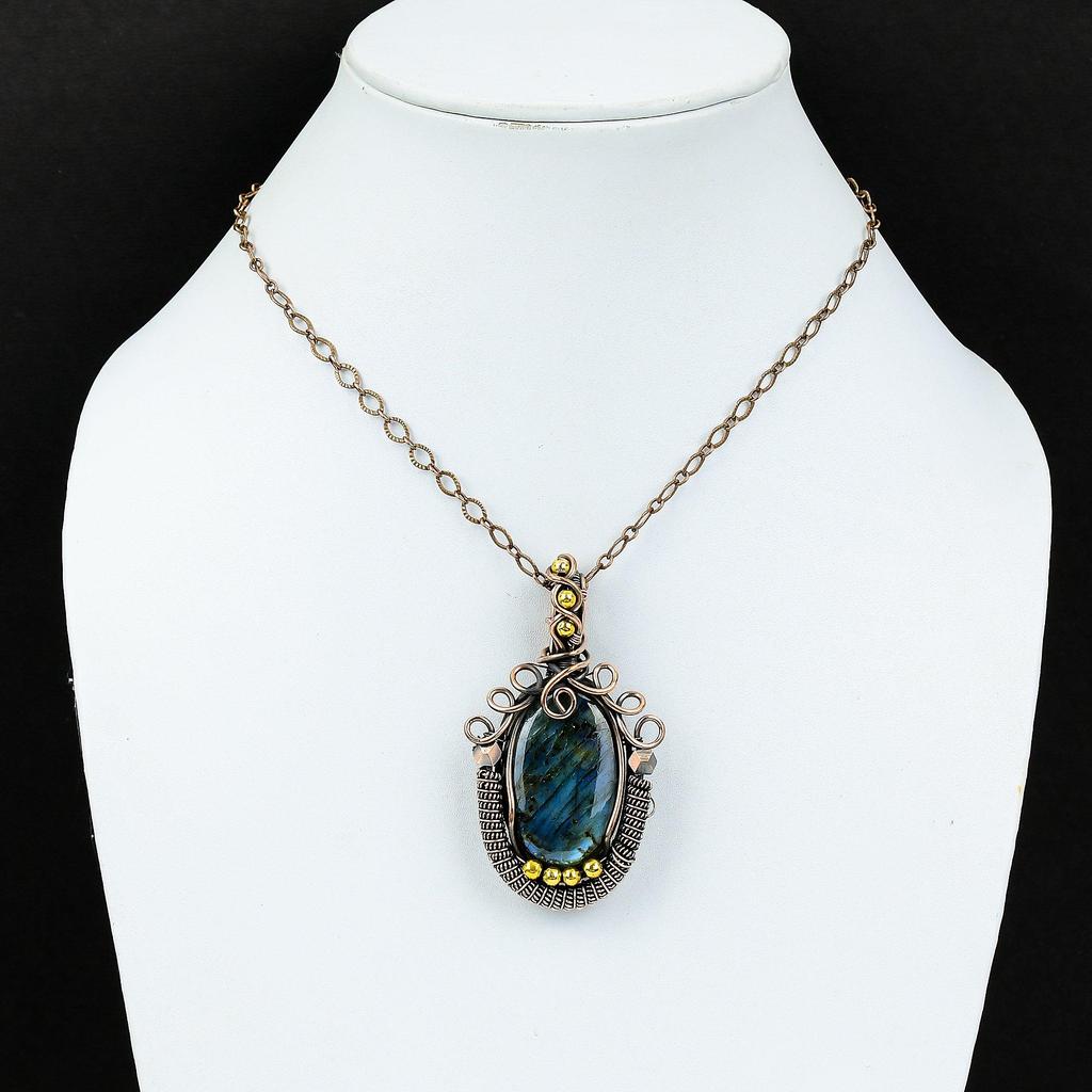 Labradorite Gemstone Pure Copper Wire Wrapped Handmade Pendant Jewelry Gift For Her