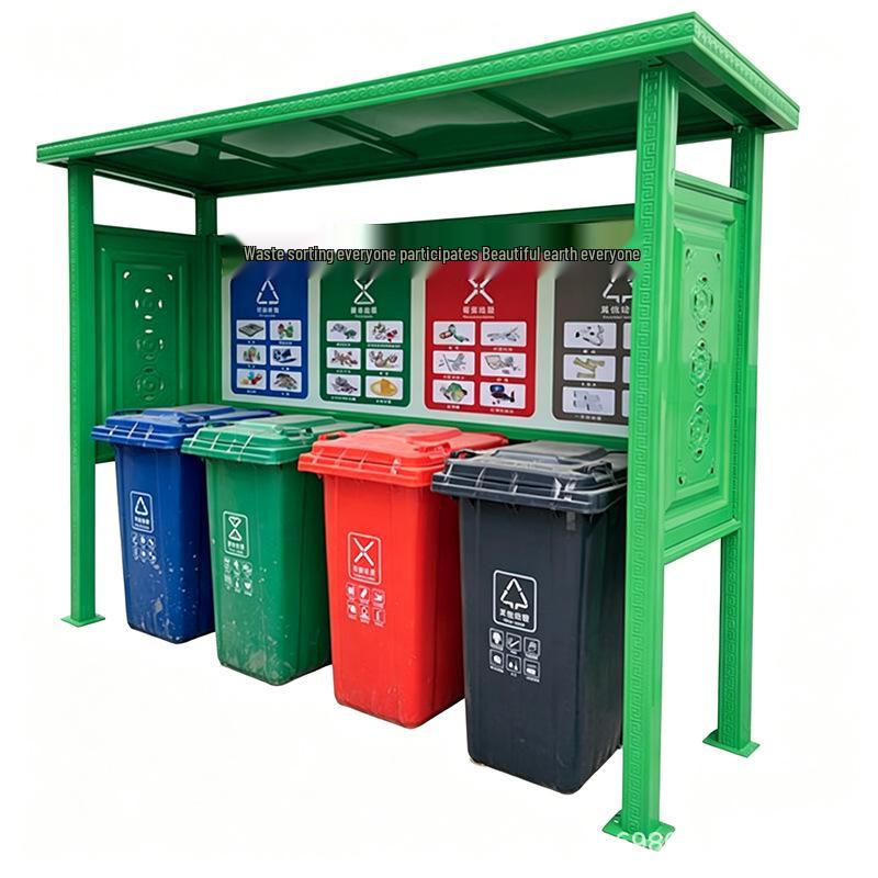 Stainless Steel Outdoor Recycling Station with Rainproof Canopy and Baked Paint Finish