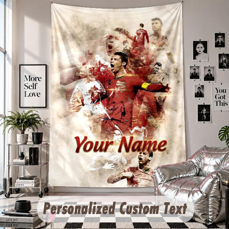 Wall Hanging Tapestry With Custom Name & Text, Cristiano Ronaldo Decorative Tapestry For Bedroom