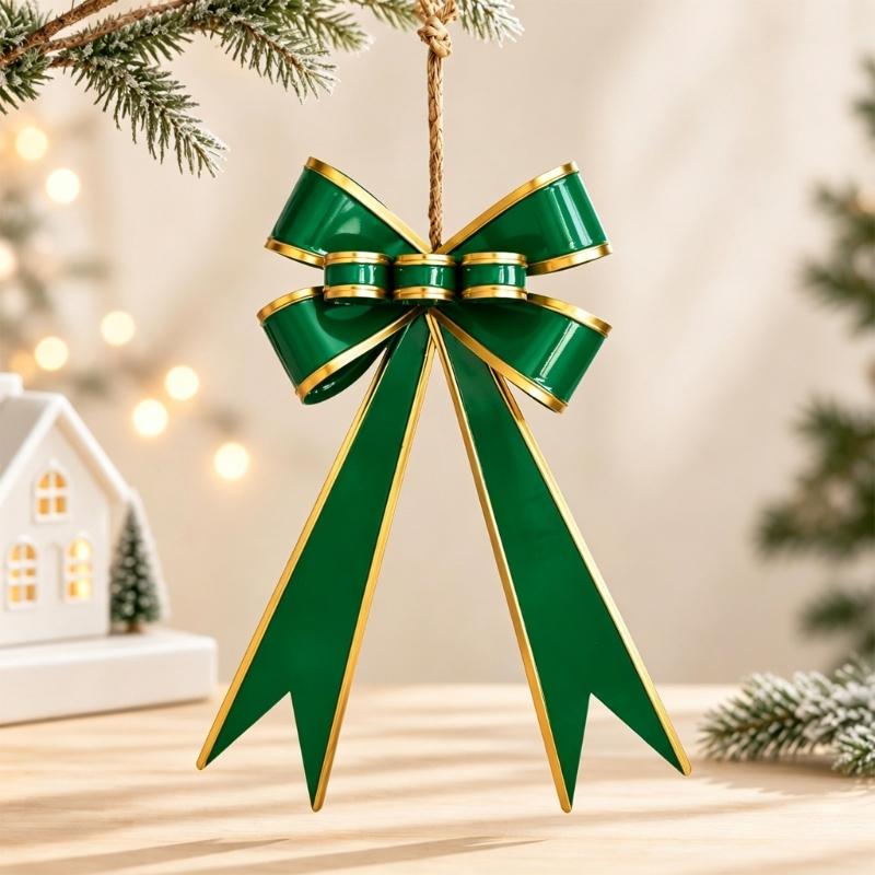 Metal Christmas Bowknot Ornament with Decorative Edging, Notched Bowknot Ends, and Integrated Cord for Party Backrops and Mantels Displays