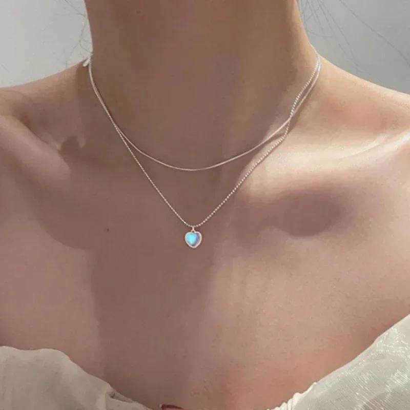 Simple Lucky Bean Love Clavicle Chain for Girls Women Double Layer Heart Pendant Necklaces Korean Sweet Jewelry Gifts