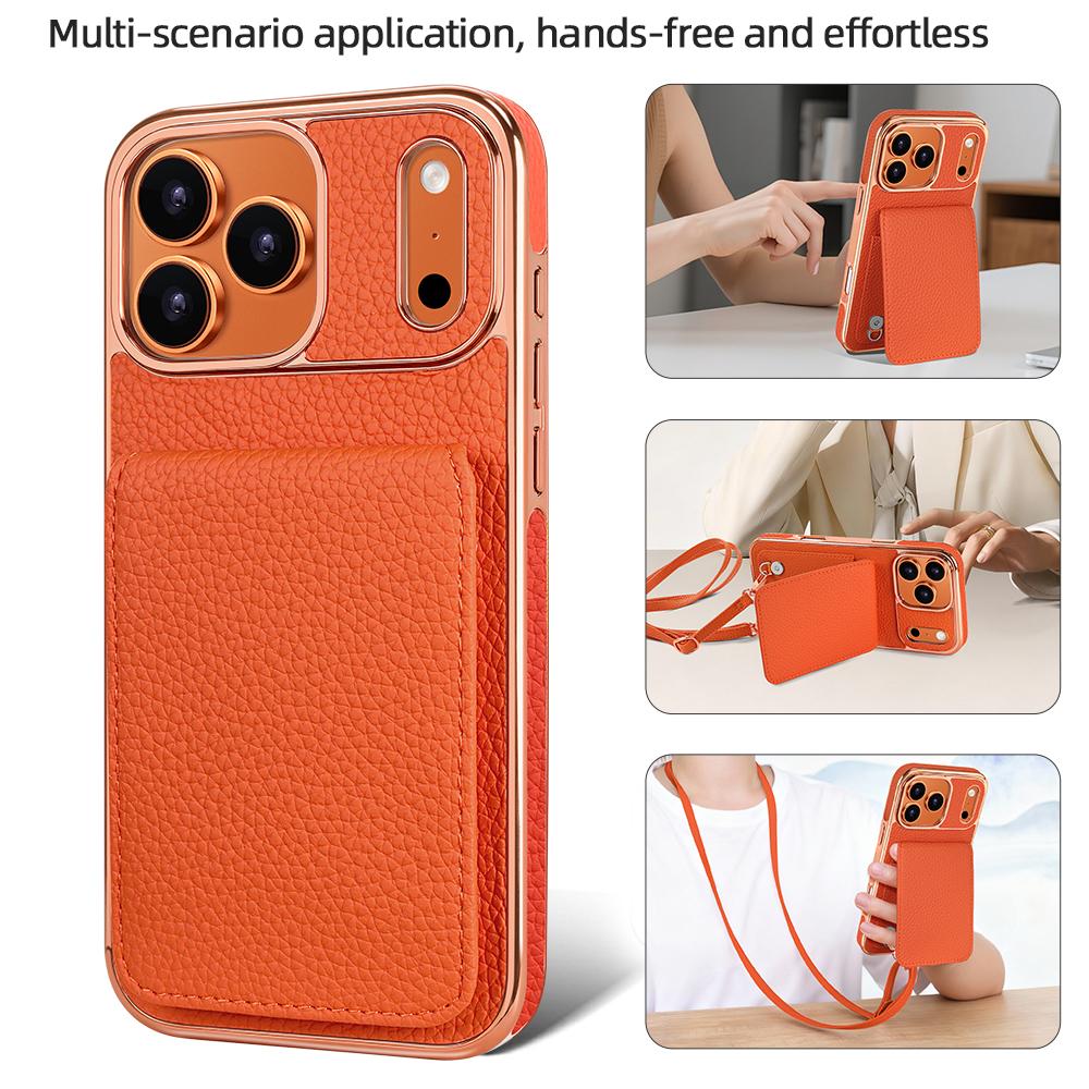 Кожаный чехол с текстурой личи для iPhone 17 16 15 14 13 Pro Max Air, многофункциональный, с магнитной застежкой, кошелек, сумка, подставка, длинный ремешок