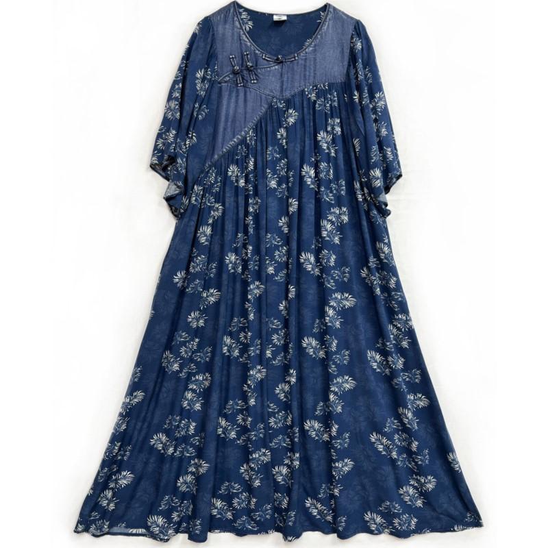 Johnature Платье с принтом в китайском стиле, летнее женское свободное хлопковое платье с круглым вырезом и половиной рукавов