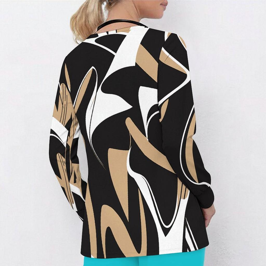 Women Plus Size Striped Printed Nurse Scrub Top V Neck Long Sleeve With Front Pockets
