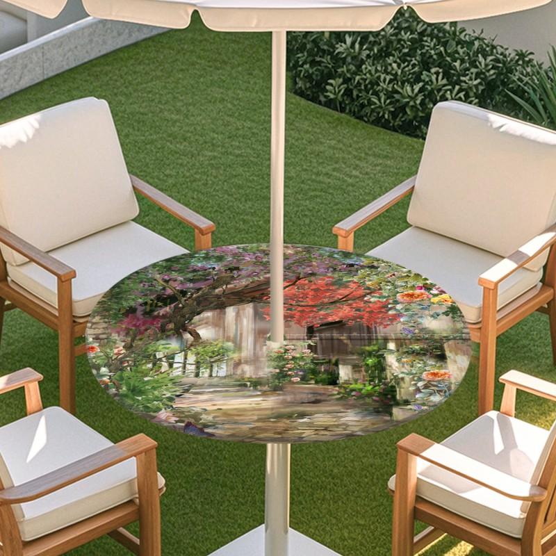 Outdoor Round Table Cover With Floral Print Oil Painting Style Waterproof Elastic Edge Patio Garden