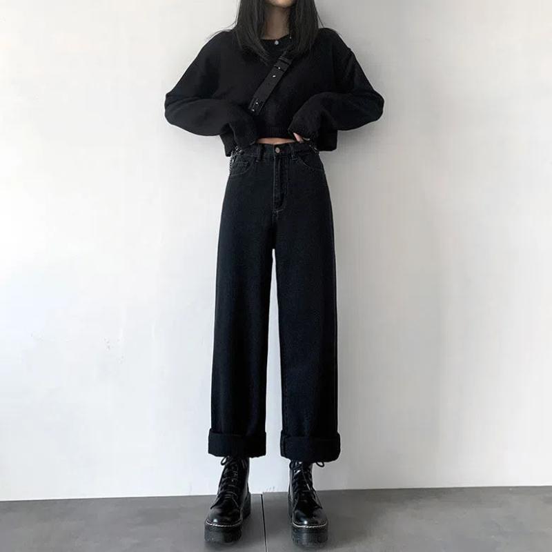 Черные Прямые Джинсы-Гаремы Женские Весна Осень Новые Преппи Стиль Молодежные Яркая Отделка Свободные С Завышенной Талией Повседневные Брюки