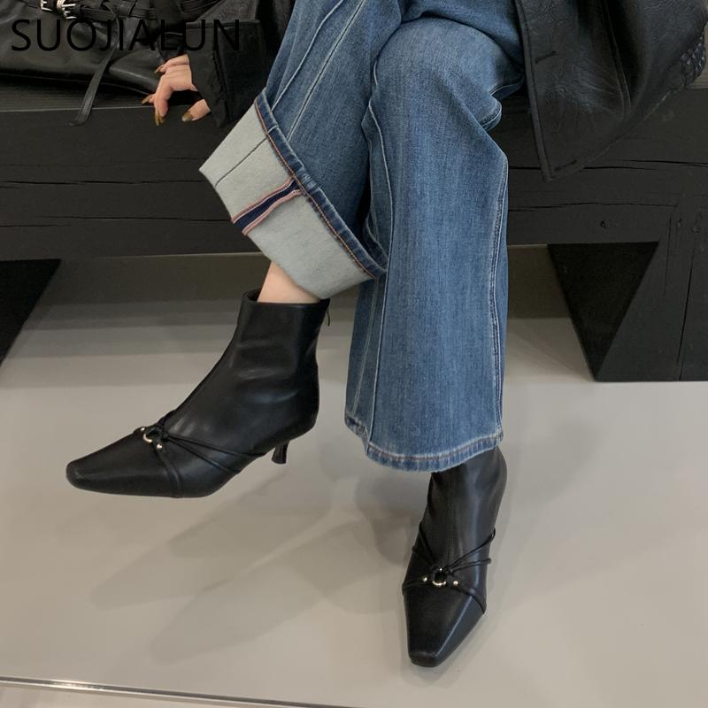 Fashion SUOJIALUN 2025 Winter New Brand Women Ankle Boots Fashion Buckle Round Toe Ladies Elegant Short Boots Thin Low Heel Dress Pumps