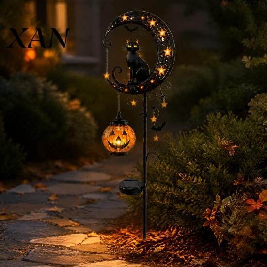 Decorative Lawn Stakes for Halloween Solar Garden Stake Light, Metal Black Cat & Pumpkin Moon Waterproof Powered Lights Decorations Patio Yard Pathway