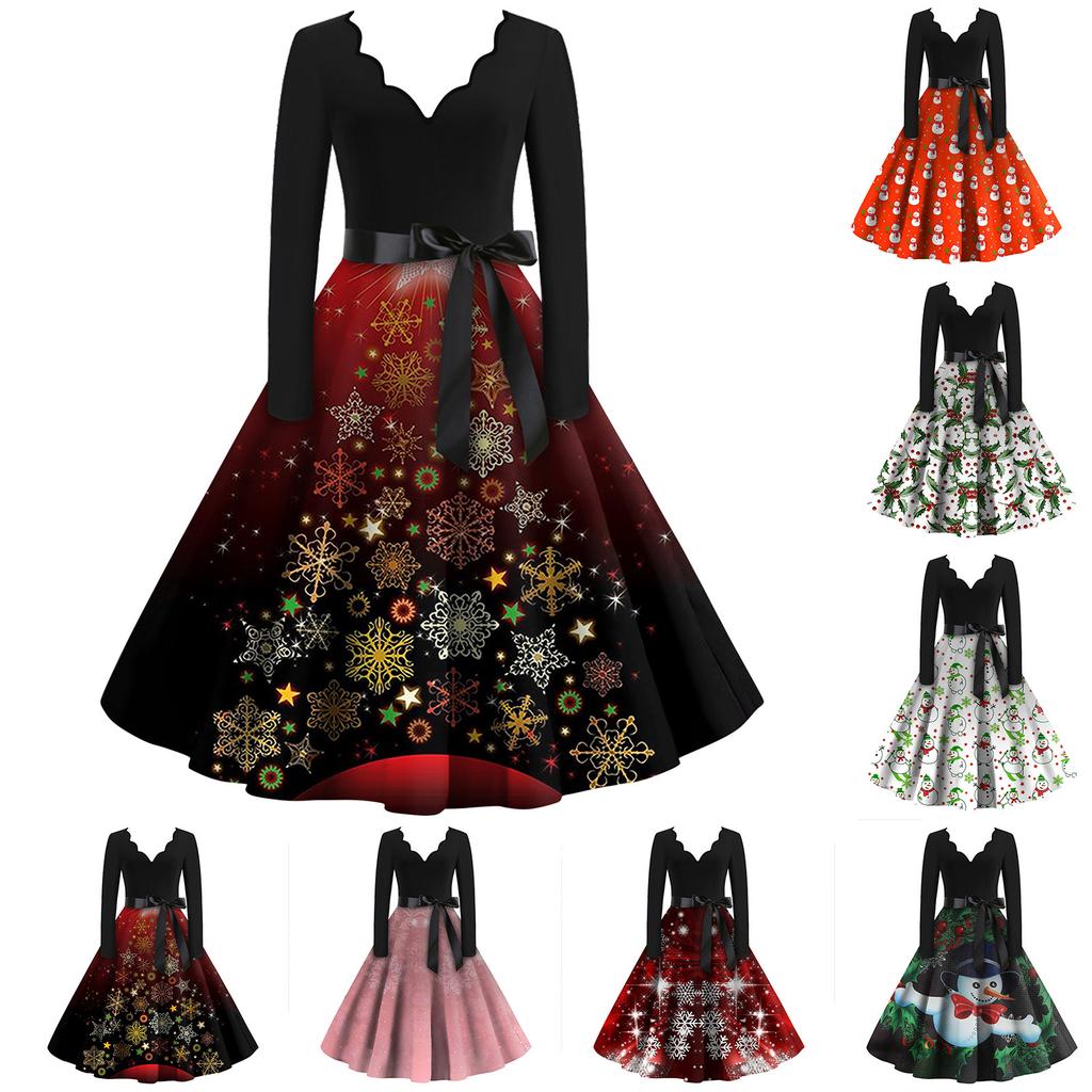 Женские модные повседневные тонкие рождественские платья с длинным рукавом с v-образным вырезом и принтом