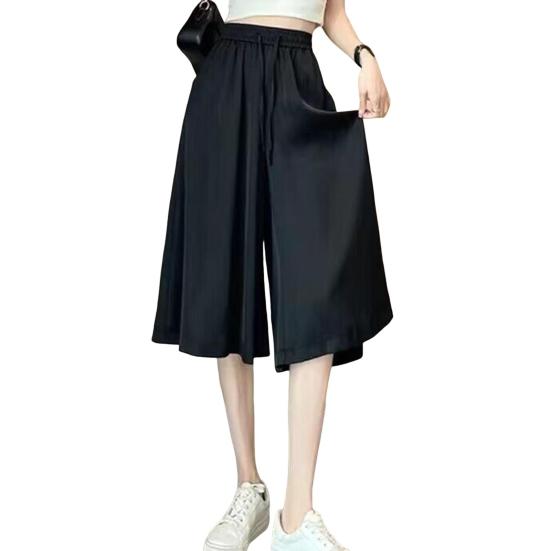 Женские брюки-юбка с эластичной резинкой на талии и регулируемым шнурком, укороченные брюки из ледяного шелка, однотонные повседневные брюки-кюлоты свободного покроя