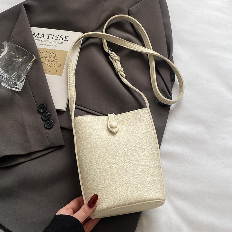 Korean Version of Casual Macaron Color Simple Lychee Pattern Mobile Phone Bag Female Versatile Commuter Foreign Style Messenger Bucket Bag