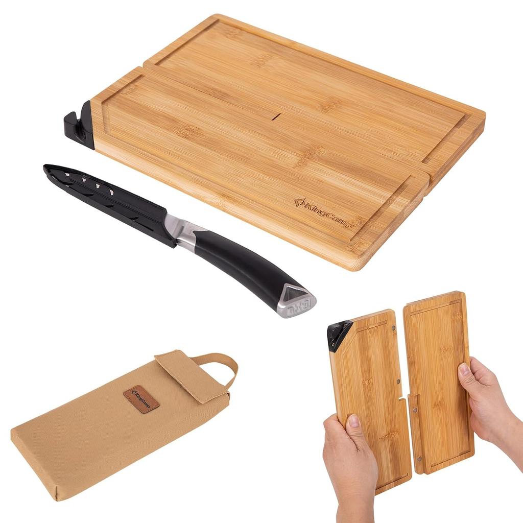 KingCamp Camp Cutting Board Knife Set Folding Outdoor Cooking Tools Camping Supplies German Stainless Steel Natural Bamboo Material Reinforced Magnet