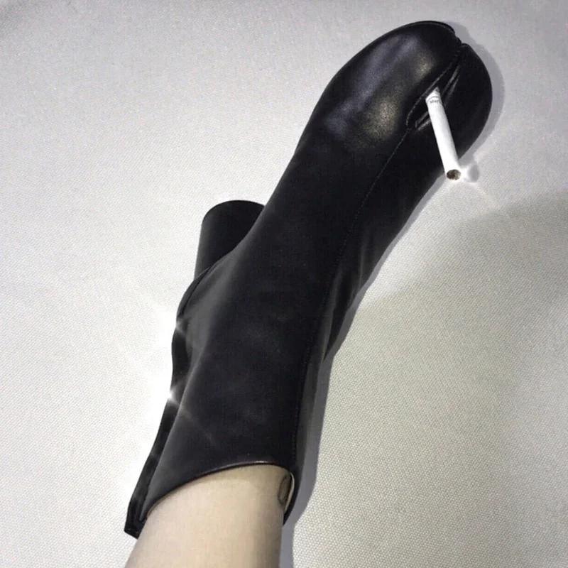 Дизайнерские Кожаные Ботильоны Модные Круглый Нос Толстый Высокий Каблук Ankle Boots Для Женщин Осень Зима Разделенный Носок Обувь