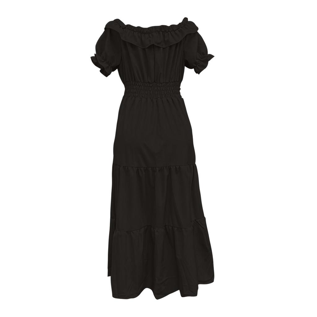 Women's Summer Casual Solid-color Tie Dress With Fringes, Strapless Cuffs And Puffed Sleeves