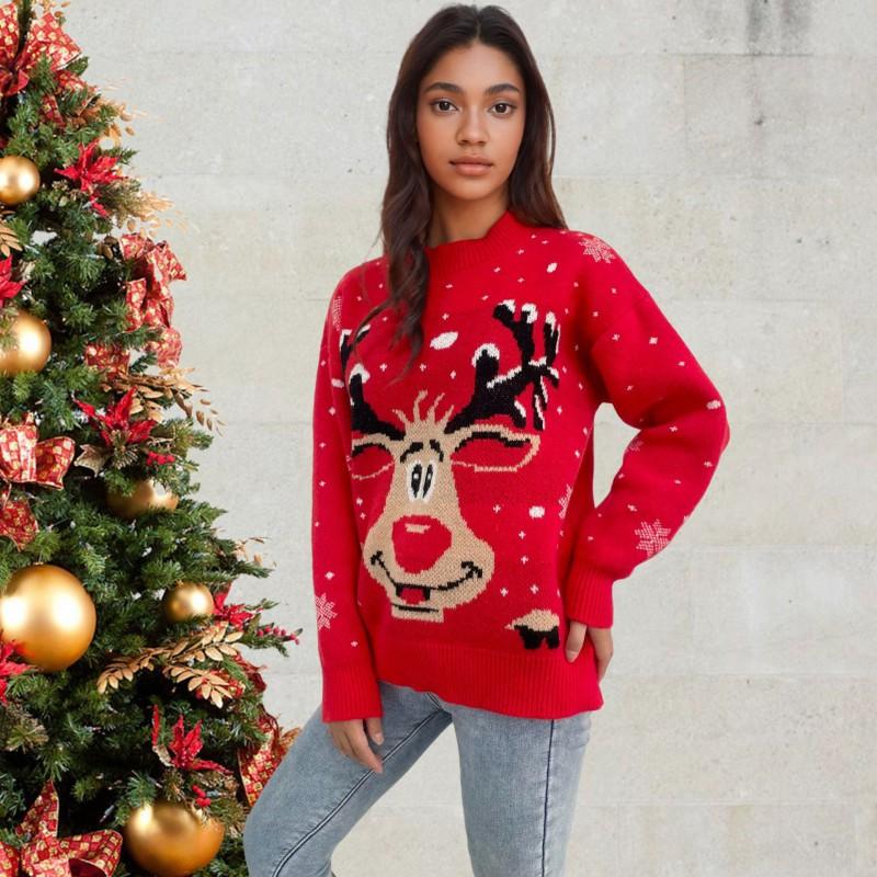 Womens Oversized Christmas Deer Knit Sweater Loose Fit Pullover Top Winter