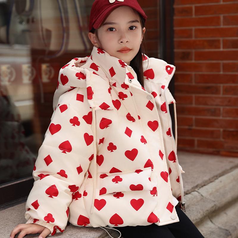 Winter Girls Love Fashion Hooded Down Jacket Girls Parent-child Down Jacket Floral Top Coat