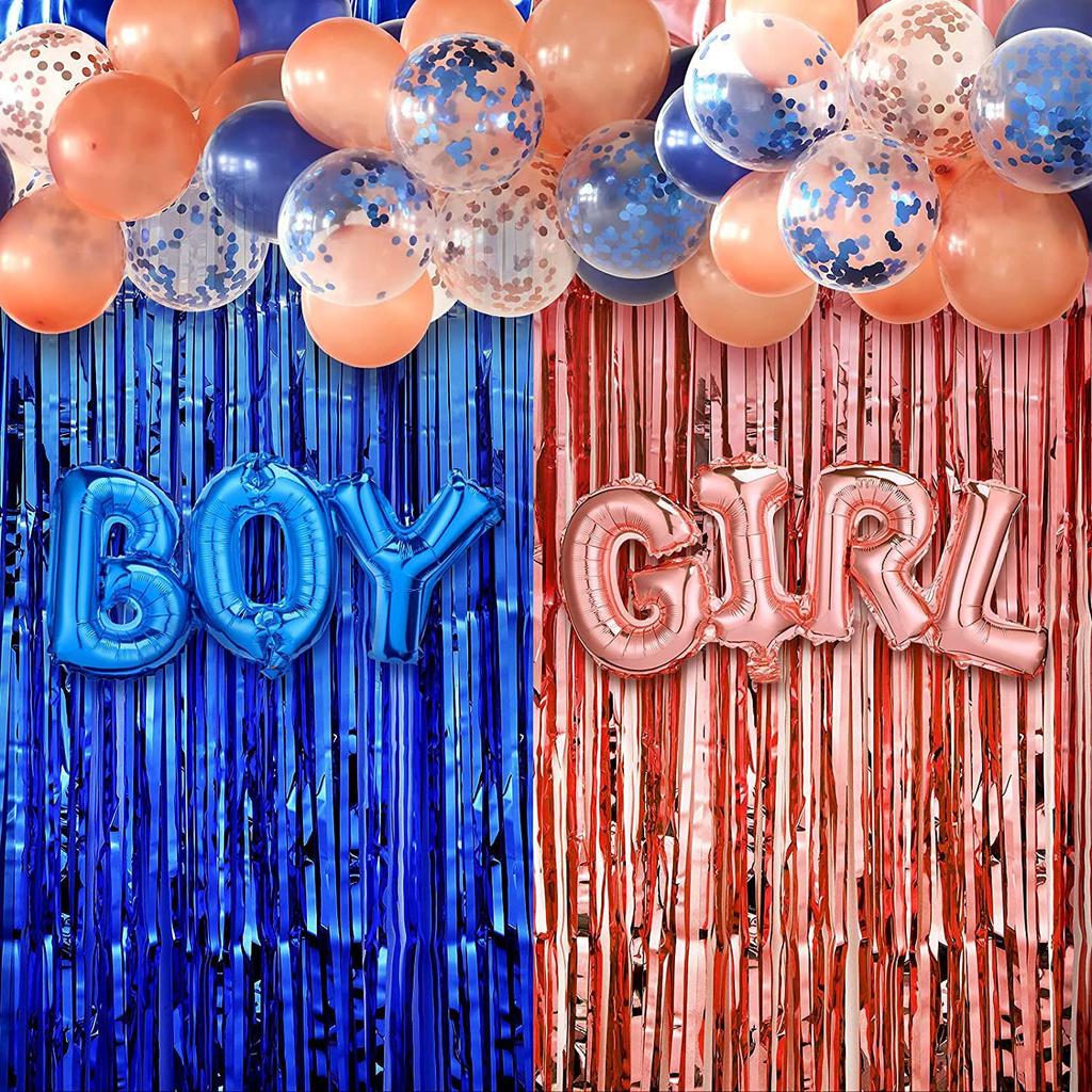 Украшения для вечеринки по случаю определения пола ребенка, гирлянда из воздушных шаров с конфетти для мальчиков или девочек, синие и розовые занавески с кисточками 