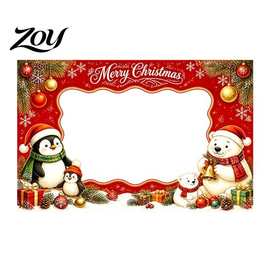 Cute Cartoon Elk Penguin Bear Props Christmas Photo Booth Frame Banner, Xmas Selfie with Interactive Bear, Holiday Party Handheld Prop, Hanging