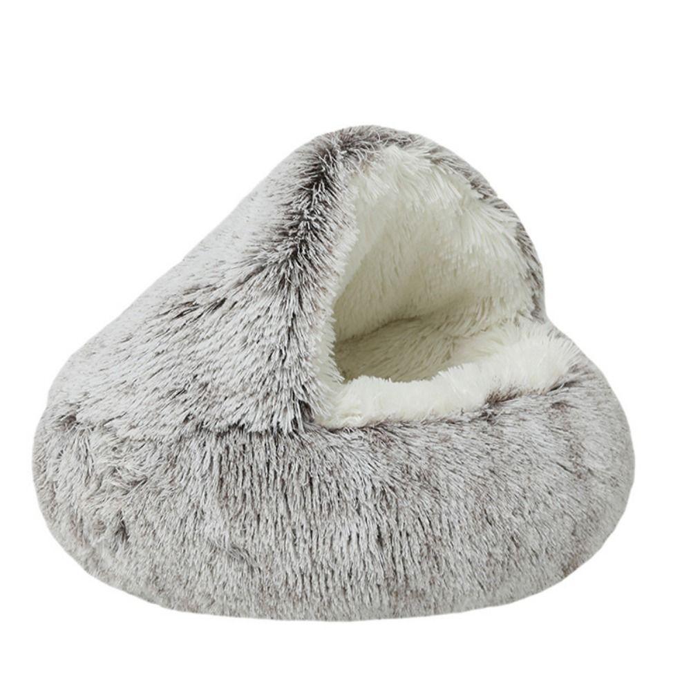 Fluffy Cat Bed Cave Self Warming Plush Hooded Dog Tent Cozy Puppy Bed Indoor